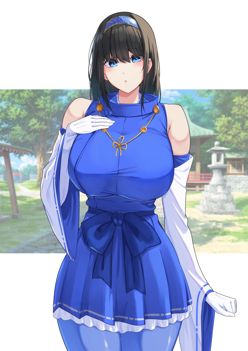 1girl :o bare_shoulders black_hair blue_bow blue_eyes blue_hairband blue_pantyhose blue_shirt blue_skirt blush bow breasts commentary_request detached_sleeves elbow_gloves gloves hair_between_eyes hairband hand_on_own_chest highres idolmaster idolmaster_cinderella_girls large_breasts long_hair looking_at_viewer nanohana_(november.) nontraditional_miko pantyhose sagisawa_fumika shirt skirt solo white_gloves white_sleeves wide_sleeves
