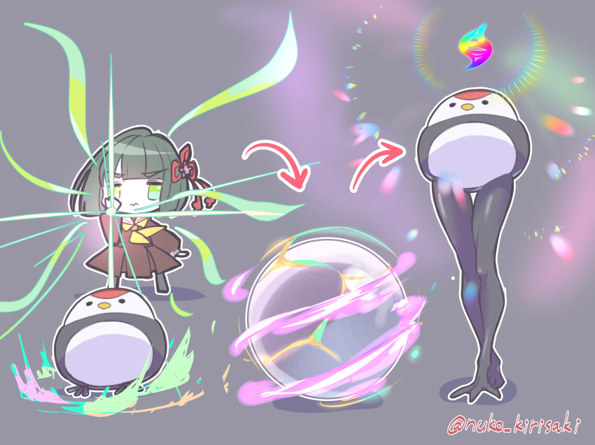 1girl 3: absurdres anatomical_nonsense arrow_(symbol) bird black_hair blunt_bangs blunt_ends bob_cut brown_dress chibi chibi_only closed_mouth commentary_request crossed_legs dress green_eyes grey_background hasu_no_sora_school_uniform highres kirisaki_nuko link!_like!_love_live! long_sleeves love_live! medium_dress mega_evolution mega_evolution_symbol momose_ginko neckerchief nintendo pleated_dress pokemon sailor_collar sailor_dress school_uniform sequential short_hair standing transformation tsuru_(love_live!) v-shaped_eyebrows virtual_youtuber watson_cross white_sailor_collar winter_uniform yellow_neckerchief