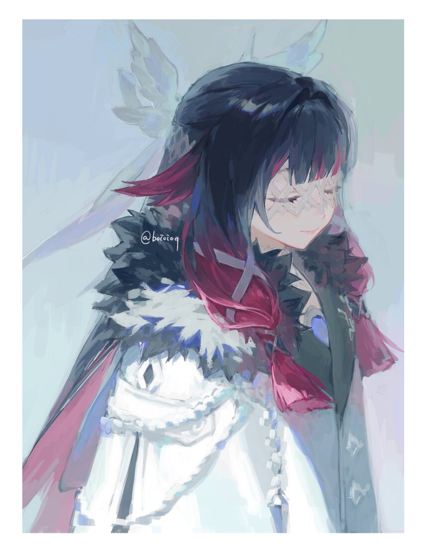 1girl black_hair boioioq border closed_eyes closed_mouth coat columbina_(genshin_impact) commentary_request eye_mask fatui_coat fur-trimmed_coat fur_trim genshin_impact hair_ribbon highres long_hair mask multicolored_hair red_hair ribbon simple_background solo twitter_username upper_body very_long_hair white_border white_coat white_ribbon