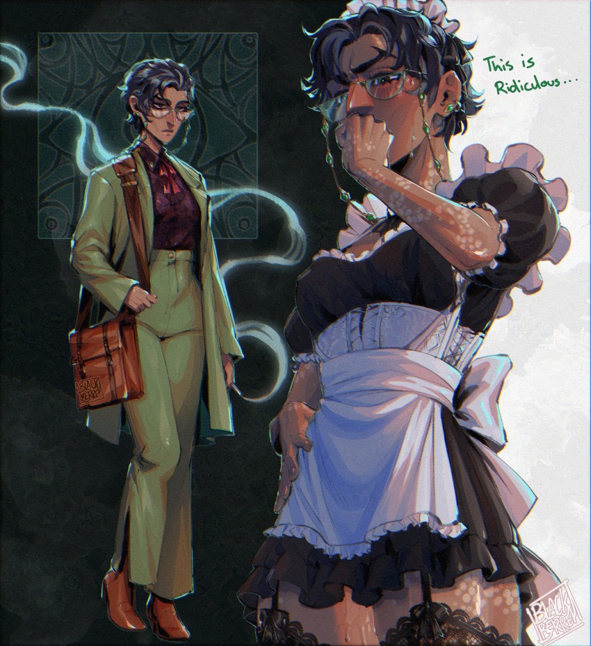 1girl absurdres apron aquiline_nose blackberreh-art blush bow commentary dark_skin earrings english_commentary eyewear_strap formal_clothes genderswap glasses green_pupils grey_hair highres jewelry jonathan_sims lace lace-trimmed_thighhighs lace_trim lips maid maid_apron maid_headdress male_focus nose scar scar_on_neck shirt suit sweat the_magnus_archives thighhighs