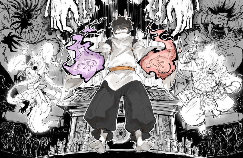 1girl 2boys animal_ears arms_at_sides baggy_pants black_hair black_pants blot_plot claws commentary_request demon_horns detached_sleeves fangs fighting_stance fire fox_ears fox_girl fox_tail full_body horns japanese_clothes kankan33333 kei_(kankan33333) looking_at_viewer male_focus monochrome_background monster_boy multiple_boys open_mouth orange_eyes orange_sash original pale_skin pants purple_fire pyrokinesis short_hair tabi tail tunic white_tunic