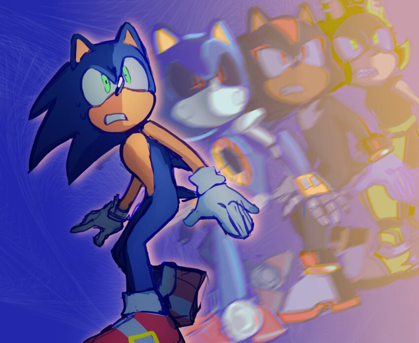 black_fur black_hair blue_fur blue_hair doppelganger gloves green_eyes green_fur green_hair highres idw_publishing maipeikko metal_sonic pants red_eyes rivalry robot sega shadow_the_hedgehog shoes sleeveless sonic_(series) sonic_the_hedgehog sonic_the_hedgehog_(idw) surge_the_tenrec