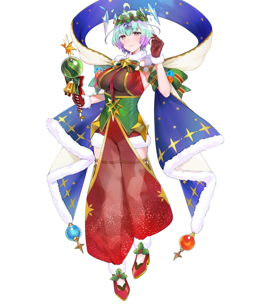 1girl ahoge blue_hair breasts crystal fire_emblem fire_emblem_heroes gloves green_eyes highres holding holding_wand large_breasts looking_at_viewer mistletoe mistletoe_hair_ornament nintendo non-web_source official_alternate_costume official_art red_gloves see-through_clothes seidr_(fire_emblem) seidr_(winter)_(fire_emblem) shawl short_hair smile solo star_(symbol) star_print tachi-e wand