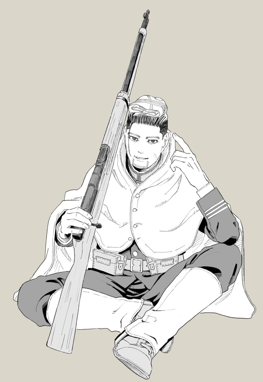 1boy belt_pouch bolt_action boots brown_background cloak commentary_request dakuonpu facial_hair facial_scar full_body goatee golden_kamuy greyscale_with_colored_background gun hair_slicked_back highres holding holding_gun holding_weapon loose_hair_strand male_focus military_uniform object_on_head ogata_hyakunosuke pointing pouch rifle scar scar_on_cheek scar_on_face sitting smile solo undercut weapon