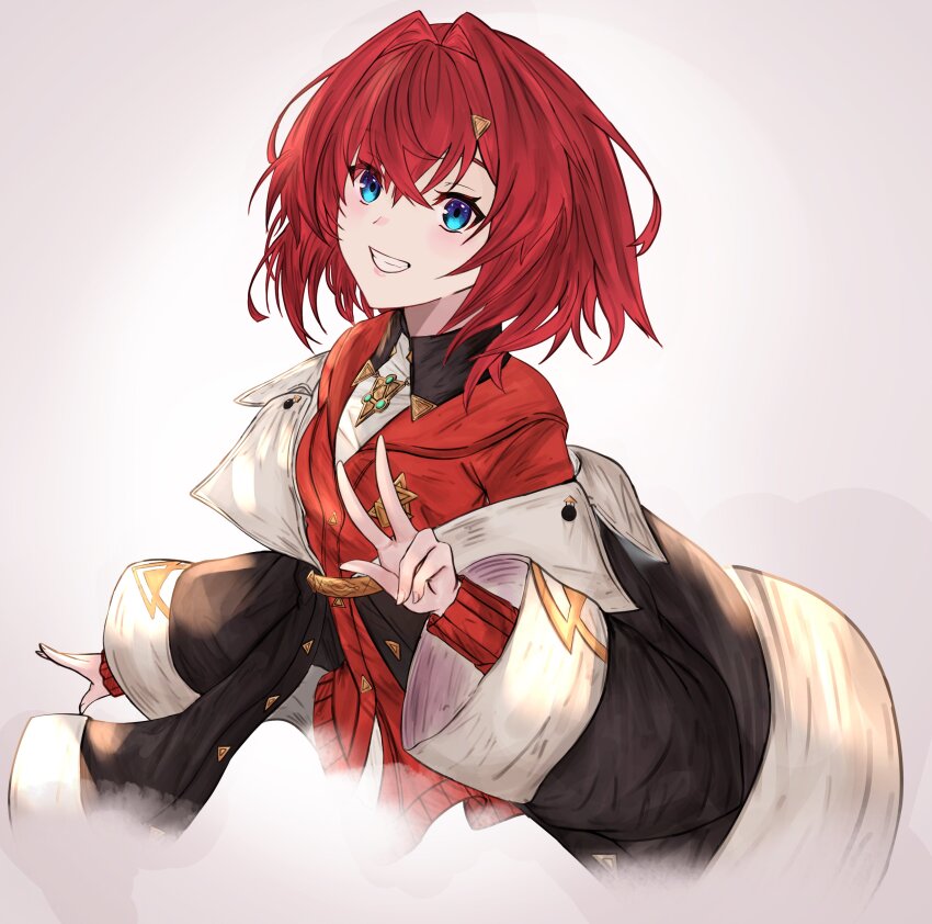 1girl absurdres ange_katrina ange_katrina_(1st_costume) black_coat blue_eyes blush cardigan coat commentary_request cropped_torso crossed_bangs grey_background grin hair_between_eyes hair_intakes hair_ornament hand_up highres lips long_sleeves looking_at_viewer medium_hair misto_(nnvy3472) nijisanji off_shoulder red_cardigan red_hair simple_background smile solo triangle_hair_ornament virtual_youtuber w