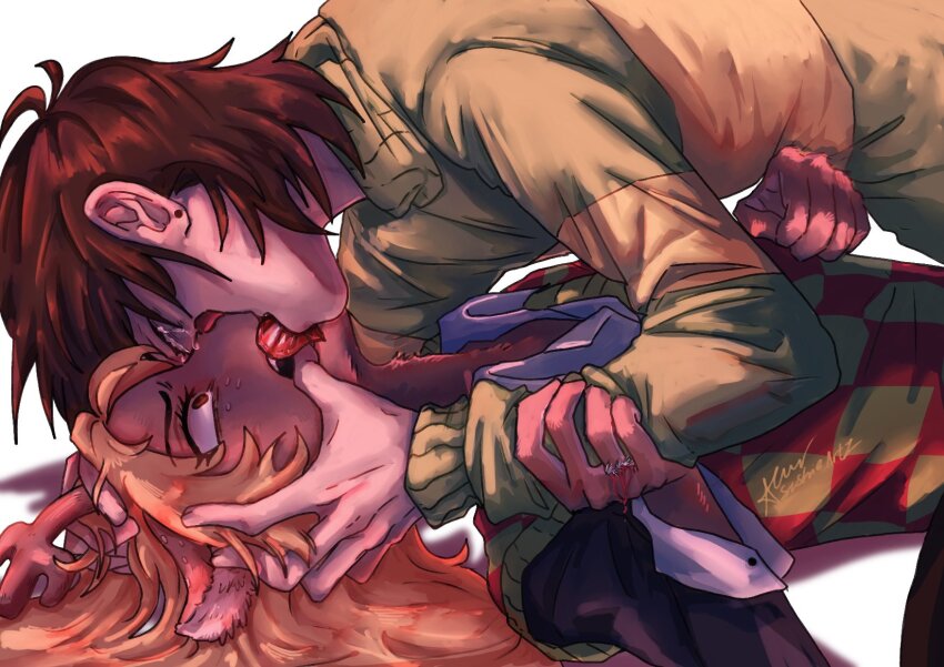 1girl 1other alien_stage animal_ears antlers blonde_hair blood brown_eyes checkered_sweater_vest commentary deer_antlers deer_ears deer_girl deltarune earrings english_commentary furry furry_female gem green_sweater hand_on_another's_face heart-shaped_gem highres holding_another's_arm horns jewelry kiss kris_(deltarune) long_hair long_sleeves noelle_holiday other_with_female red_gem ring signature sushieartz sweater thorn_ring_(deltarune) utdr_(toby_fox) weird_route_(deltarune)