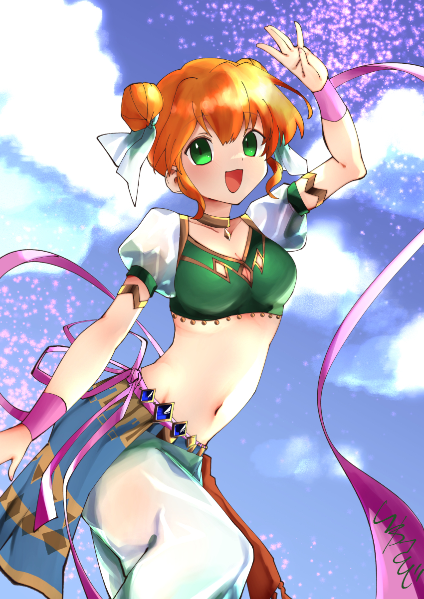 1girl :d absurdres breasts crop_top dancer double_bun fire_emblem fire_emblem:_the_binding_blade green_eyes hair_between_eyes hair_bun highres larum_(fire_emblem) looking_at_viewer navel nintendo open_mouth orange_hair pants pink_ribbon puffy_short_sleeves puffy_sleeves ribbon short_hair short_sleeves smile solo studio_sugimoto white_pants