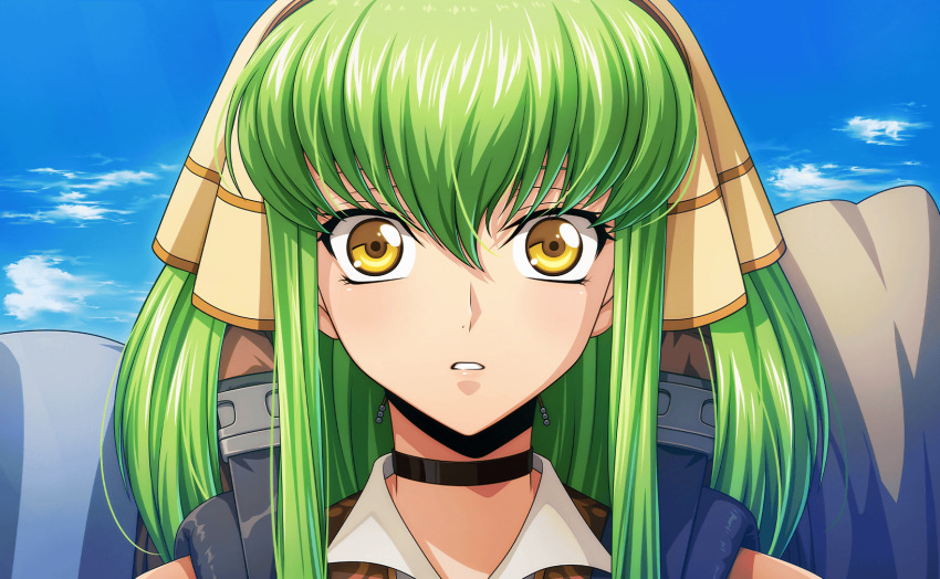 1girl artist_request bag blue_eyes blue_sky c.c. close-up code_geass code_geass:_fukkatsu_no_lelouch code_geass:_lost_stories game_cg highres long_hair non-web_source official_art shoulder_bag sky yellow_eyes