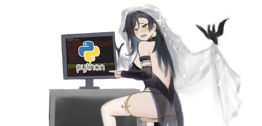 1girl backless_leotard black_hair black_leotard blush cellix chair commentary english_commentary girls'_frontline green_eyes hair_between_eyes highres leotard long_hair looking_at_viewer mole mole_under_eye monitor name_connection official_alternate_costume open_mouth pointing python_(beauty_in_the_graveyard)_(girls'_frontline) python_(girls'_frontline) python_(programming_language) simple_background sitting solo veil white_background