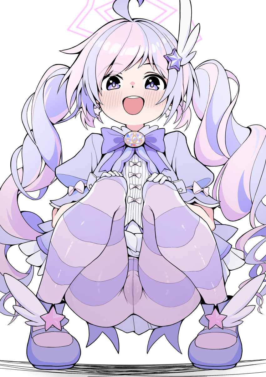 1girl absurdres ahoge blue_archive blush commentary crotch_seam drill_hair gloves hair_ornament halo hands_on_own_knees highres le_spectre looking_at_viewer multicolored_hair official_alternate_costume open_mouth pantyhose pink_hair pink_halo puffy_short_sleeves puffy_sleeves purple_eyes purple_hair purple_pantyhose purple_shoes reisa_(blue_archive) reisa_(magical)_(blue_archive) round_teeth shoes short_sleeves solo squatting star_(symbol) star_hair_ornament striped_clothes striped_pantyhose teeth twin_drills twintails two-tone_hair upper_teeth_only white_gloves wing_hair_ornament