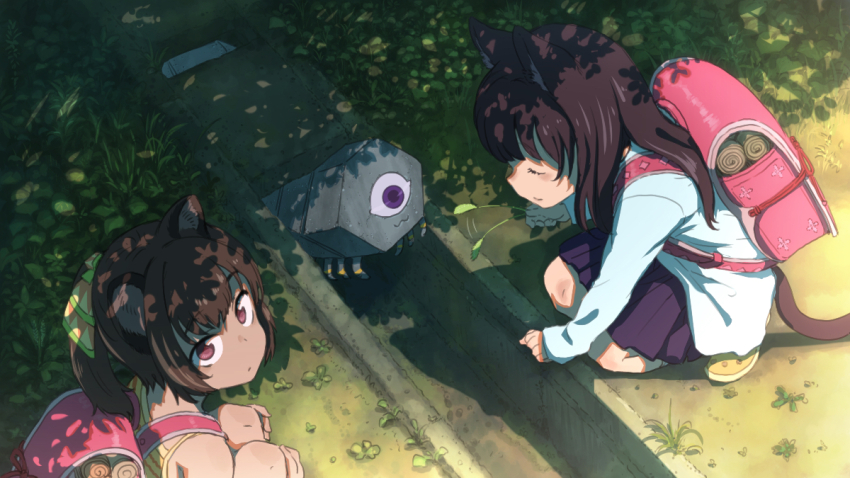 2girls animal_ears backpack bag black_hair black_skirt bon_(tswx7328) brown_hair cat_ears cat_girl cat_tail closed_eyes closed_mouth commentary_request creature fantasy from_above holding long_hair long_sleeves looking_at_viewer looking_to_the_side looking_up medium_hair multiple_girls original outdoors pleated_skirt ponytail randoseru red_eyes shirt sideways_mouth skirt squatting tail white_shirt