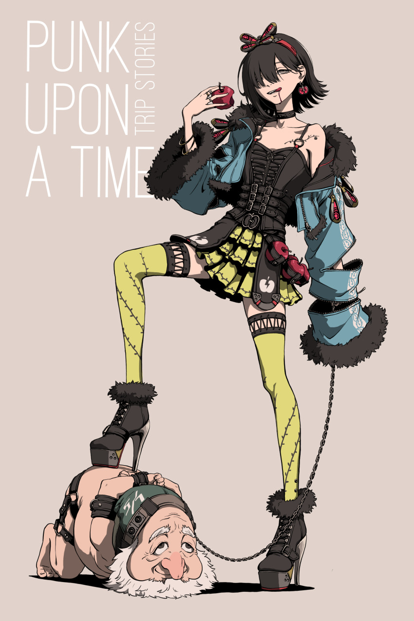 1boy 1girl absurdres apple arms_behind_back bdsm beard black_corset black_hair blue_jacket boots bound bound_arms brown_background chain chain_leash choker commentary_request corset cyberpunk dwarf earrings english_text facial_hair femdom food fruit full_body fur_collar fur_trim grey_eyes hair_over_one_eye hairband high_heel_boots high_heels highres jacket jewelry leash licking_lips off_shoulder original short_hair skirt snow_white_(fairy_tale) snow_white_(fairy_tale_character) standing stepped_on thighhighs tongue tongue_out user_ujsh8484 yellow_skirt yellow_thighhighs