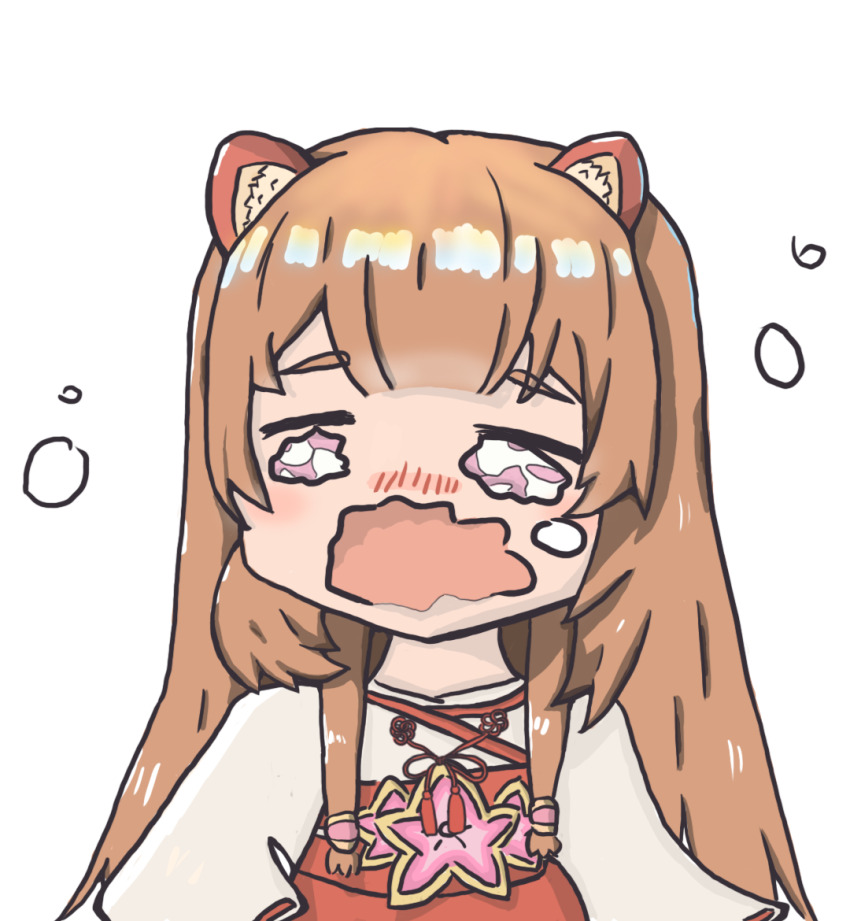 1girl animal_ear_fluff animal_ears blunt_bangs brown_hair chibi chibi_only chinese_commentary commentary_request crying crying_aqua_(meme) flying_teardrops hair_tubes japanese_clothes kimono kosode long_hair meme neck_tassel official_alternate_costume open_mouth parody_request pink_eyes raccoon_ears raccoon_girl raised_eyebrows raphtalia red_sash sash simple_background solo tassel tate_no_yuusha_no_nariagari upper_body user_snnn2242 white_background white_kimono white_kosode