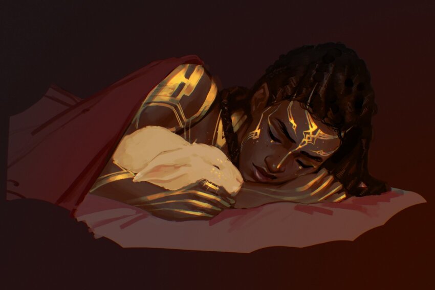 1girl animal arcane:_league_of_legends armor brown_hair closed_eyes closed_mouth colored_veins commentary dark-skinned_female dark_skin dreadlocks english_commentary glitter glitter_makeup gold_armor gold_tattoo highres league_of_legends long_hair lying mel_(league_of_legends) on_bed on_side rabbit red_background shade sleeping solo thisisacomputah very_dark_skin