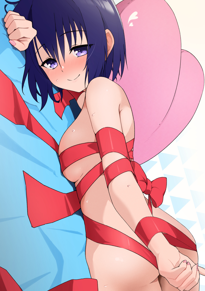 1girl absurdres arm_up ass back blush bow breasts closed_mouth highres indoors ivu_(eve0315y) looking_at_viewer lying medium_breasts naked_ribbon on_bed on_stomach purple_eyes purple_hair ribbon sairenji_haruna short_hair sideboob smile solo sweat to_love-ru to_love-ru_darkness