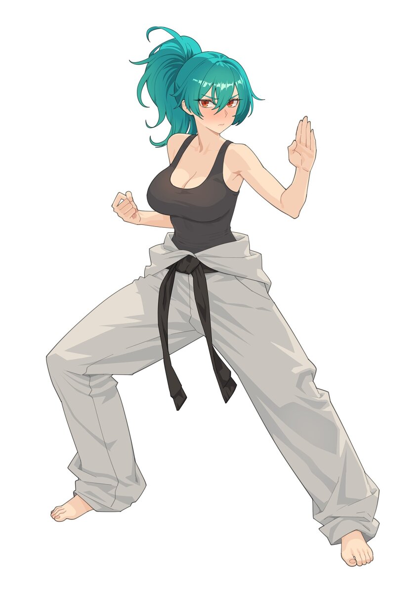 1girl aqua_hair barefoot black_tank_top breasts cleavage closed_mouth commentary double-parted_bangs dougi english_commentary full_body hair_between_eyes hand_up highres karate karate_gi kuso_otoko large_breasts legs_apart long_bangs long_hair looking_at_viewer original ponytail serious simple_background solo standing tank_top white_background