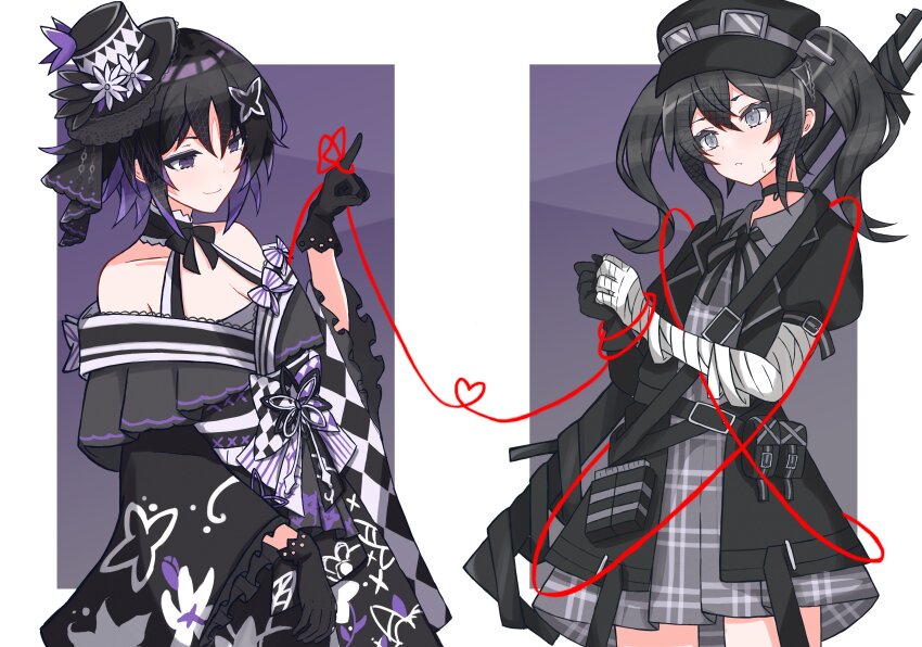 2girls absurdres ammunition_pouch bandaged_arm bandages bare_shoulders black_choker black_gloves black_hair black_hat black_jacket black_kimono black_ribbon bound bound_wrists breasts butterfly_hair_ornament butterfly_hat_ornament checkered_sleeves choker cleavage closed_mouth commentary_request dress flower gloves grey_dress grey_eyes gun hair_ornament hand_up hat hat_flower hat_ornament heart heart_of_string highres housho_margo index_finger_raised jacket japanese_clothes kimono kurobe_nanoka lolita_fashion long_hair long_sleeves looking_at_another mahou_shoujo_no_majo_saiban mini_hat mini_top_hat multiple_girls neck_ribbon noir_(noire6959) own_hands_together parted_bangs pouch purple_eyes ribbon rifle short_hair smile standing string string_of_fate sweatdrop top_hat twintails wa_lolita weapon