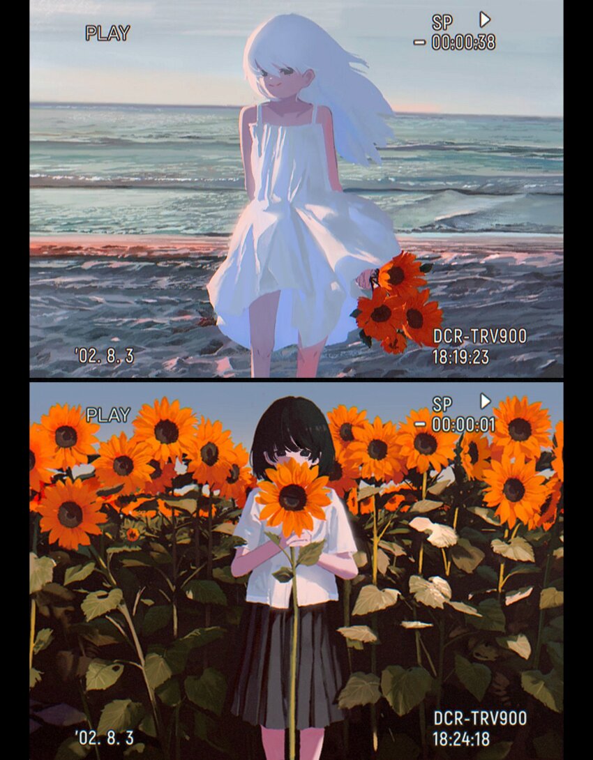 2girls beach black_eyes black_hair black_skirt collared_shirt covering_face cowboy_shot dated dress field flower flower_field highres holding holding_flower long_hair multiple_girls original pleated_skirt shirt short_hair sideways skirt sunflower sunflower_field timestamp utwob0 viewfinder white_dress white_hair white_shirt