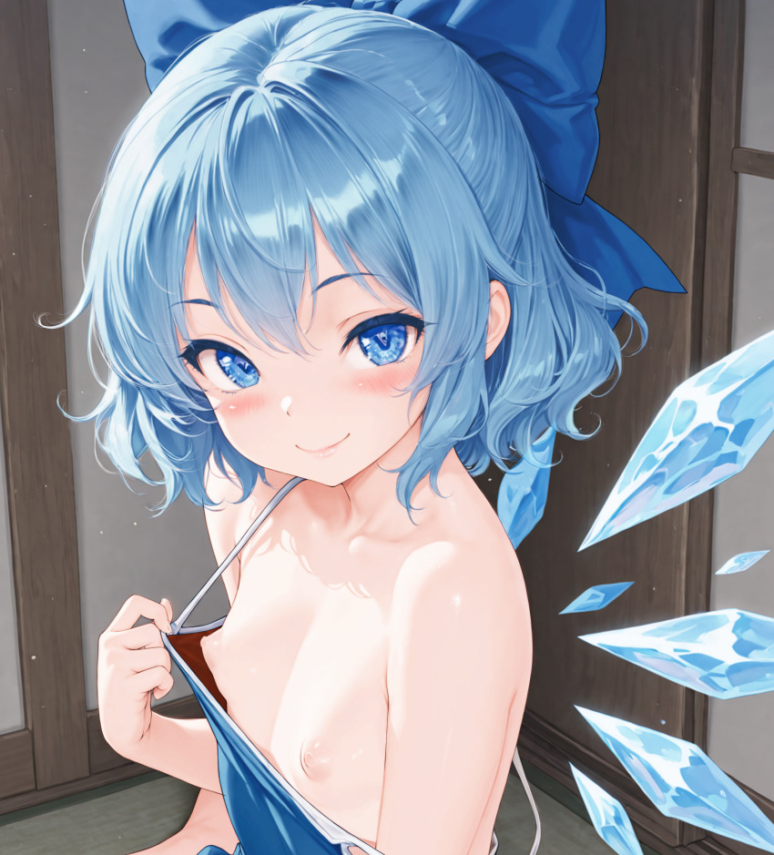blue_bow blue_dress blue_eyes blue_hair bow breasts cirno clothes_pull dress dress_pull hair_bow herma_666 highres ice ice_wings indoors light_blush loli looking_at_viewer medium_hair nipples off_shoulder small_breasts smile touhou wings