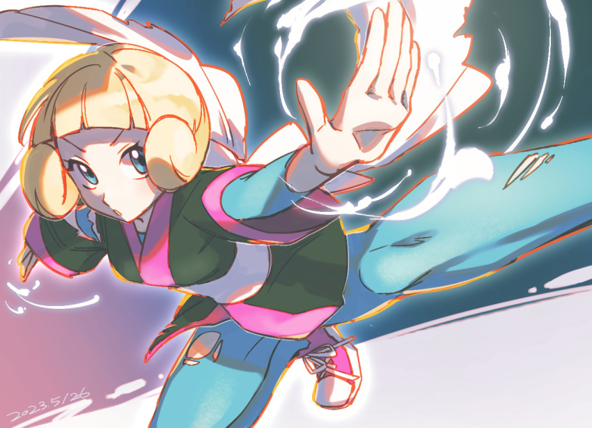 1girl aqua_bodysuit aqua_eyes black_jacket blonde_hair bodysuit commentary_request dated greta_(pokemon) jacket kado_51 knees looking_to_the_side nintendo outstretched_arms parted_lips pink_shoes pokemon pokemon_emerald pokemon_rse shoes short_hair sneakers solo spread_legs torn_bodysuit torn_clothes torn_jacket