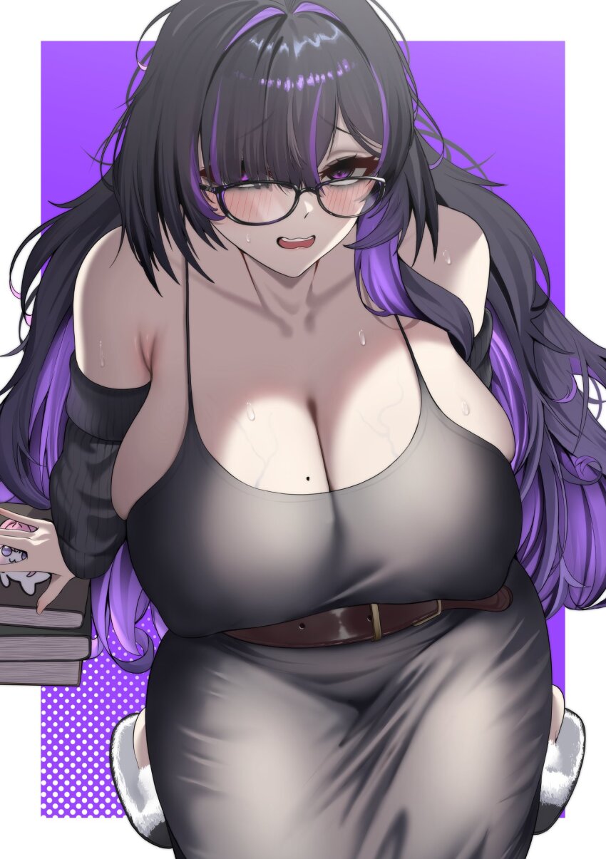 1girl bare_shoulders black_dress black_hair blush breasts cleavage colored_inner_hair commentary doro_(nikke) dress glasses goddess_of_victory:_nikke hair_over_one_eye highres label_(nikke) large_breasts long_hair looking_at_viewer mole mole_on_breast multicolored_hair purple_eyes purple_hair sweat symbol-only_commentary tomi27 two-tone_hair veins veiny_breasts