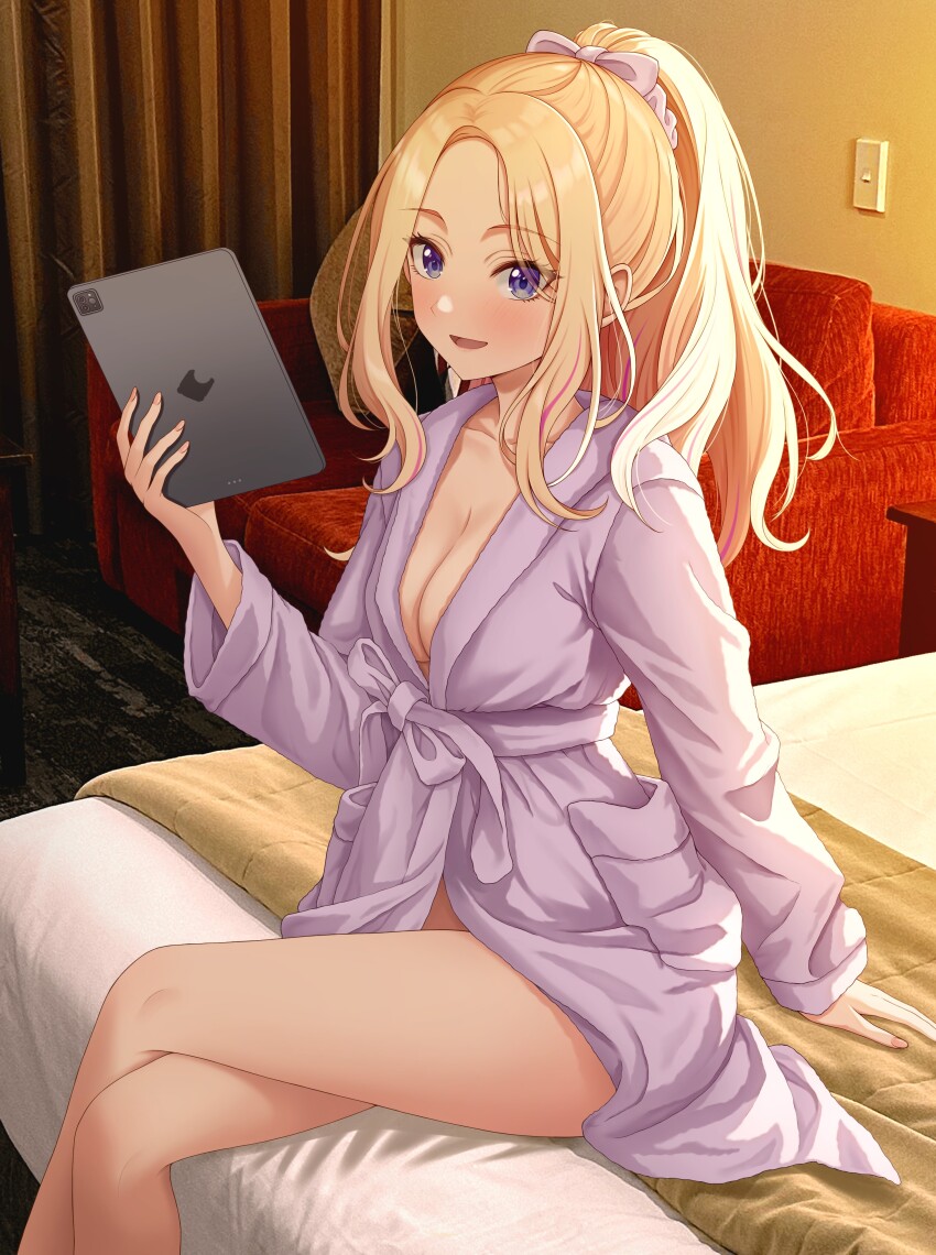 1girl :d absurdres arm_support bathrobe blonde_hair blue_eyes blush breasts closed_mouth collarbone commentary_request couch crossed_legs curtains gakuen_idolmaster high_ponytail highres holding holding_tablet_pc hotel_room idolmaster indoors juo_sena light_switch looking_at_viewer medium_breasts open_mouth pink_streaks ponytail sidelocks sitting smile sulgi_park tablet_pc