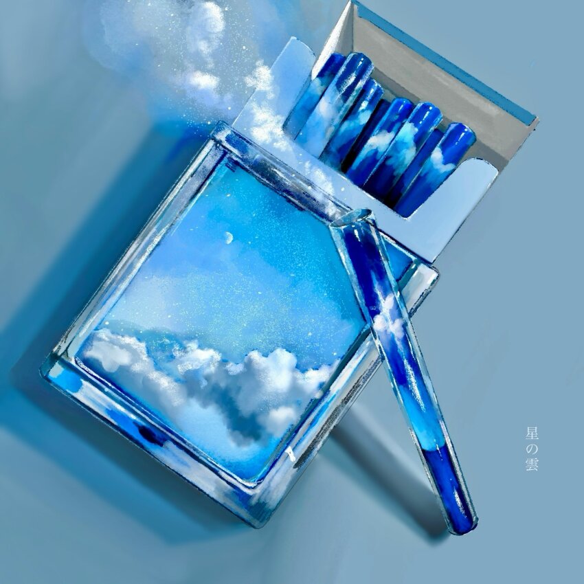blue_sky cigarette cigarette_pack cloud commentary_request highres moon no_humans object_focus original sky smoke translation_request yasuta_kaii32i