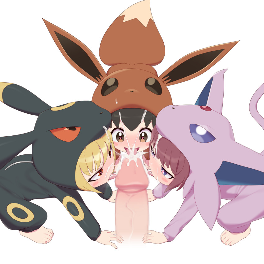 1boy 3girls age_difference all_fours blush censored cosplay cum disembodied_penis eevee eevee_(cosplay) erection espeon espeon_(cosplay) feet gen_1_pokemon gen_2_pokemon highres loli maidforge mosaic_censoring multiple_girls nintendo penis poke_kid_(pokemon) pokemon pokemon_swsh thighs toes tongue tongue_out umbreon umbreon_(cosplay)