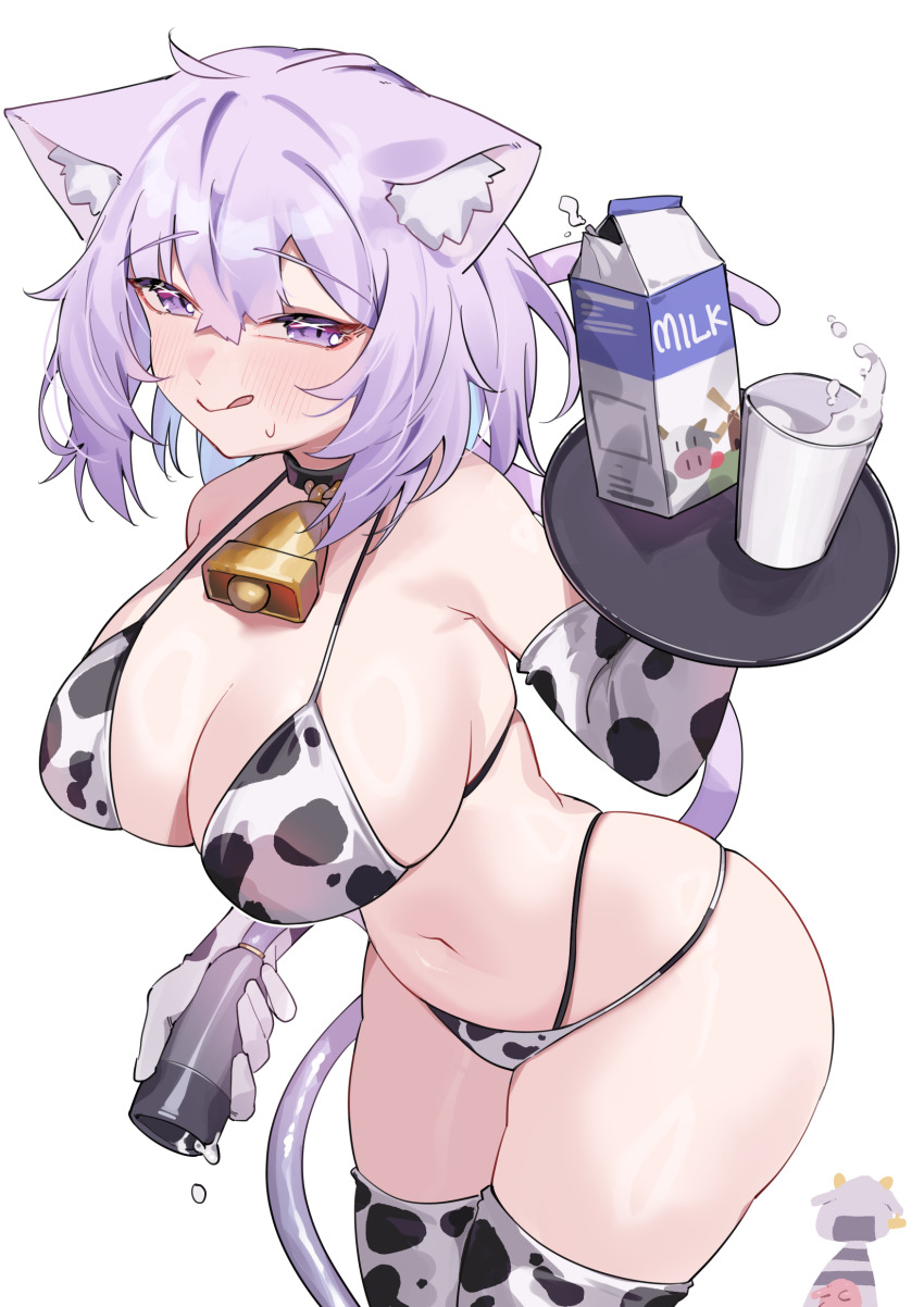 1girl :q absurdres ahoge animal_collar animal_ears animal_print bell bikini black_collar blue_hair breasts cat_ears cat_girl cat_tail cleavage collar colored_inner_hair commentary cow_print cow_print_bikini cow_print_gloves cow_print_thighhighs cowbell crossed_bangs cup double-parted_bangs drink_carton elbow_gloves gloves hair_between_eyes hand_up highleg highleg_bikini highres holding holding_tray hololive jknor large_breasts looking_at_viewer messy_hair milk milk_carton multi-strapped_bikini_bottom multicolored_hair navel neck_bell nekomata_okayu print_bikini print_gloves print_thighhighs purple_hair short_hair simple_background smile solo stomach swimsuit symbol-only_commentary tail thighhighs tongue tongue_out tray virtual_youtuber white_background white_bikini white_gloves white_thighhighs