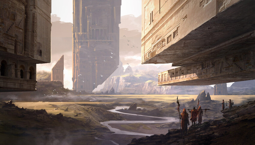 5others african_clothes building cliff cloud cloudy_sky commentary dark_skin english_commentary field flock from_behind highres holding holding_polearm holding_weapon landscape mountain multiple_others original outdoors painterly people polearm raphael-lacoste river rock scenery sky spear sunlight tower very_dark_skin weapon window