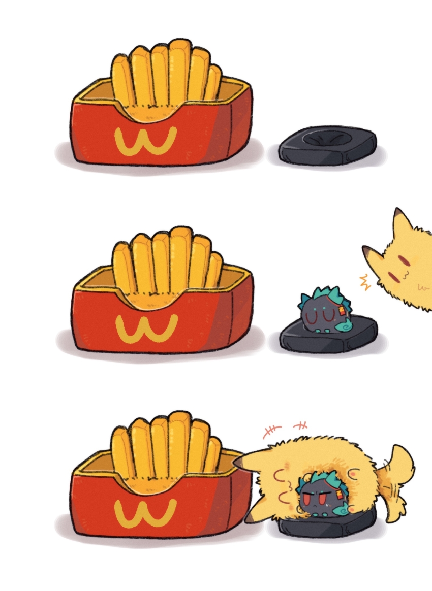 +++ :3 ^^^ ^_^ afterimage arknights brand_name_imitation brown_eyes ceobe_(arknights) closed_eyes closed_mouth commentary_request dusk_(arknights) food french_fries highres mcdonald's no_humans peeking_out red_eyes shadow tail tail_wagging white_background yu_kaoxiang