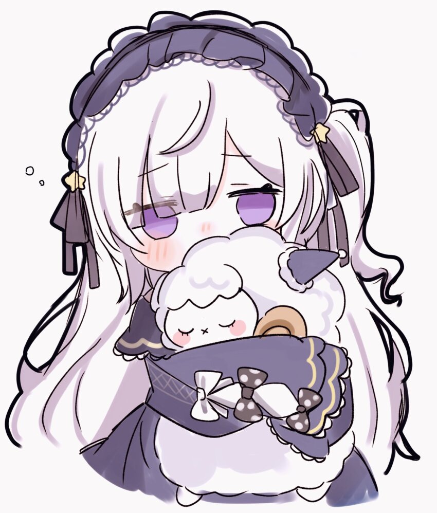 1girl blue_dress blue_hairband bow commentary_request dress empty_eyes gothic_lolita hair_over_one_eye hairband highres hugging_object lolita_fashion lolita_hairband long_hair mahou_shoujo_no_majo_saiban myua_(wan_wan_00xx) natsume_an-an polka_dot polka_dot_bow purple_eyes simple_background sleeves_past_fingers sleeves_past_wrists solo stuffed_animal stuffed_sheep stuffed_toy tied_sleeves very_long_hair white_background white_hair