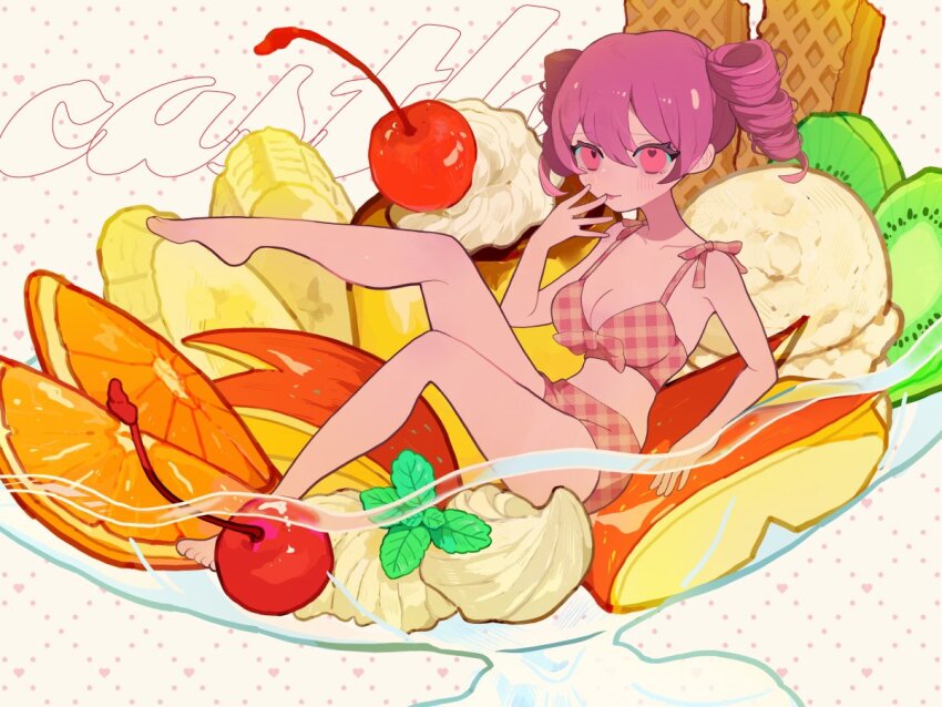 1girl apple apple_rabbit apple_slice banana banana_slice barefoot bikini breasts cherry drill_hair food food_art fruit full_body gingham_bikini in_food kiwi_(fruit) kiwi_slice leg_up medium_breasts mini_person minigirl orange_(fruit) orange_slice original pudding pudding_a_la_mode purple_hair s1ho_(ukiy0u0) solo swimsuit twin_drills