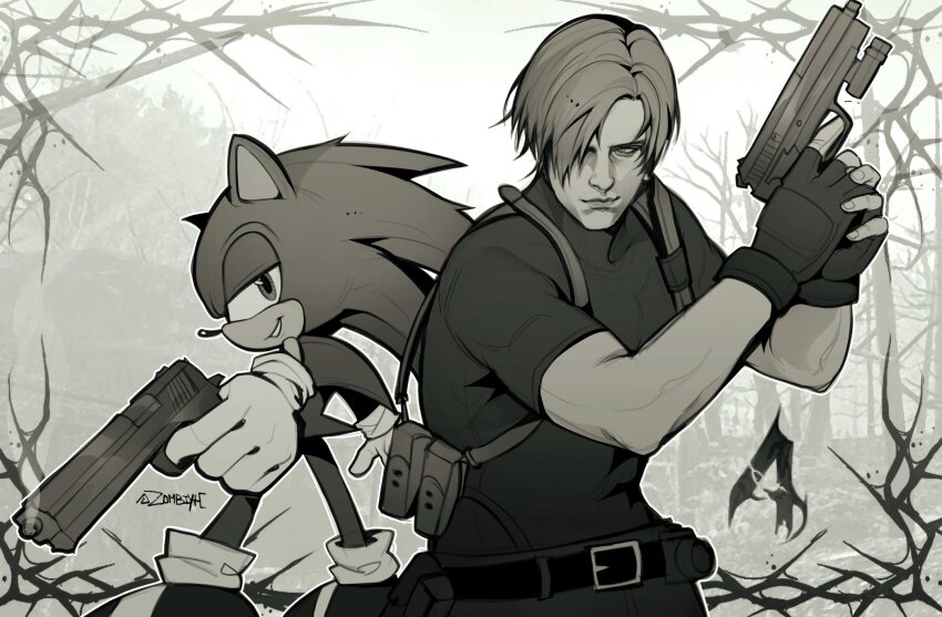 2boys artist_name back-to-back belt belt_buckle black_belt black_gloves buckle chest_harness closed_mouth commentary english_commentary fighting_stance fingerless_gloves furry furry_male gloves greyscale gun hair_over_one_eye handgun harness hedgehog_boy highres holding holding_gun holding_weapon leon_s._kennedy male_focus monochrome multiple_boys muscular muscular_male outdoors parted_bangs parted_lips resident_evil resident_evil_4 shirt short_hair short_sleeves smile smirk sonic_(series) sonic_the_hedgehog tight_clothes tight_shirt upper_body weapon white_gloves zombiyh