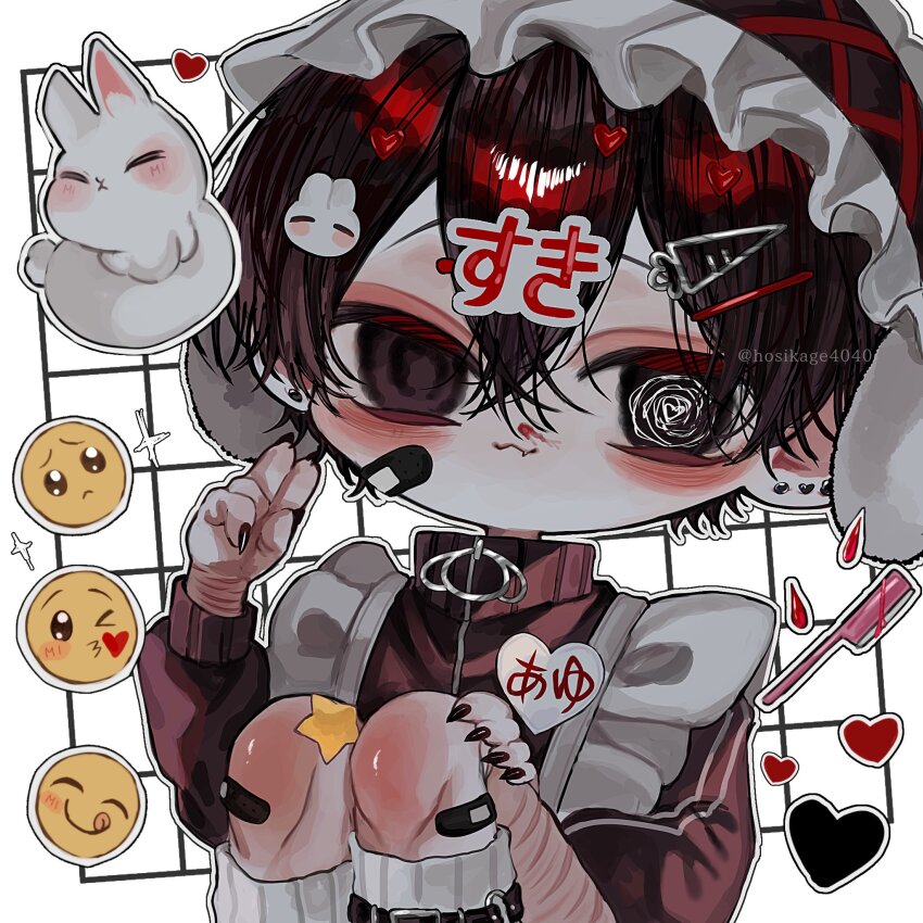 1boy :3 @_@ aegyo_sal apron bandaid bandaid_on_knee bandaid_on_leg black_eyes black_hair claws commentary crossed_bangs double-parted_bangs emoji eyebrow_razor fang hair_between_eyes hand_up headdress highres hosikage4040 leg_belt looking_at_viewer male_focus original rabbit scar scar_on_arm self-harm short_hair socks solo symbol-only_commentary thigh_cutting turtleneck v white_socks wrist_cutting