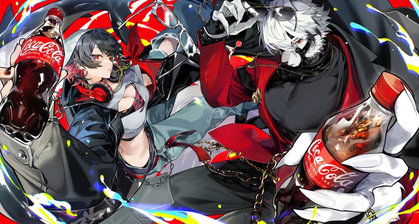1boy 1girl bottle breasts cleavage coca-cola crop_top drink ellen_joe glasses headphones headphones_around_neck multicolored_hair red_eyes tatsuta_age von_lycaon zenless_zone_zero