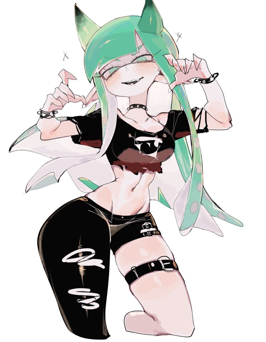 1girl alternate_costume breasts choker commentary_request green_eyes green_hair highres inkling inkling_girl inkling_player_character long_hair looking_at_viewer nintendo open_mouth pointy_ears shirt simple_background smile solo spiked_choker spikes splatoon_(series) tentacle_hair thighhighs usa37107692 white_background