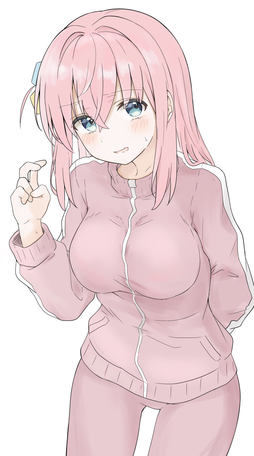 1girl absurdres arm_behind_back bent_v blush bocchi_the_rock! breasts commentary cube_hair_ornament gotoh_hitori hair_ornament highres jacket k12040707 large_breasts looking_at_viewer one_side_up pants pink_hair pink_jacket pink_pants simple_background solo sweatdrop track_jacket track_pants v white_background