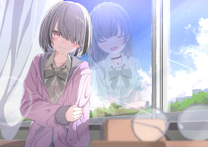 1girl asumi_sena black_hair blue_sky bow bowtie bule_blue_2 closed_mouth cloud cloudy_sky collared_shirt commentary_request crying crying_with_eyes_open different_reflection grey_bow grey_bowtie grey_hair hair_over_one_eye highres indoors jacket long_sleeves open_clothes open_jacket reflection school_uniform shirt short_hair sky tears virtual_youtuber vspo! window