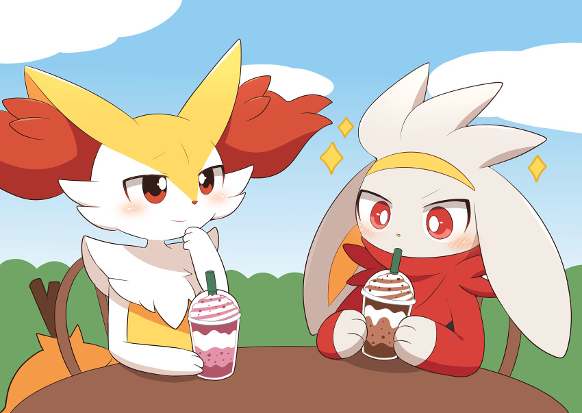 1girl 1other animal_ear_fluff animal_ears animal_hands animal_nose blue_sky blush body_fur braixen bright_pupils bush chair closed_mouth cloud cup day disposable_cup drink drinking drinking_straw flat_chest fox_ears fox_girl fox_tail frappuccino furry furry_female gen_6_pokemon gen_8_pokemon grey_fur hand_to_own_mouth hand_up happy highres holding holding_cup holding_drink looking_at_another looking_down neck_fur nintendo on_chair open_mouth outdoors pokemon pokemon_(creature) rabbit_ears raboot red_eyes red_fur sitting sketch sky smile stick subaru331 table tail two-tone_fur upper_body white_fur white_pupils wide-eyed yellow_fur