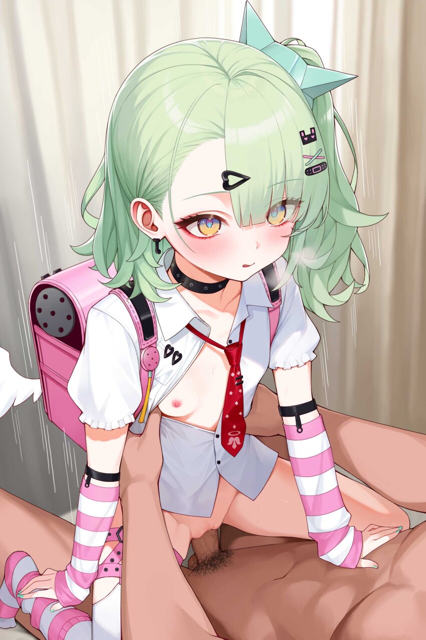 1boy 1girl abs absurdres bandaid bandaid_hair_ornament bilingual_commentary blue_eyes blue_nails blush breasts breath censored chinatsu_remiel clothed_female_nude_male collar collarbone commentary commentary_request cowgirl_position curtains earrings english_commentary erection eyelashes eyes_visible_through_hair girl_on_top green_hair hair_between_eyes hair_ornament hand_on_another's_stomach hands_on_another's_waist hank_(gogaek) highres indoors jewelry leg_warmers loli long_hair looking_at_another mixed-language_commentary mosaic_censoring motion_lines multicolored_eyes multiple_hair_clips musical_note_earrings navel nipples nude partially_unbuttoned penis pink_arm_warmers pink_bag pink_leg_warmers pubic_hair pussy ring_hair_ornament sex shirt small_breasts straddling striped_arm_warmers striped_leg_warmers thigh_strap tongue vaginal veins veiny_penis white_shirt white_wings winged_bag wings yellow_eyes zenless_zone_zero