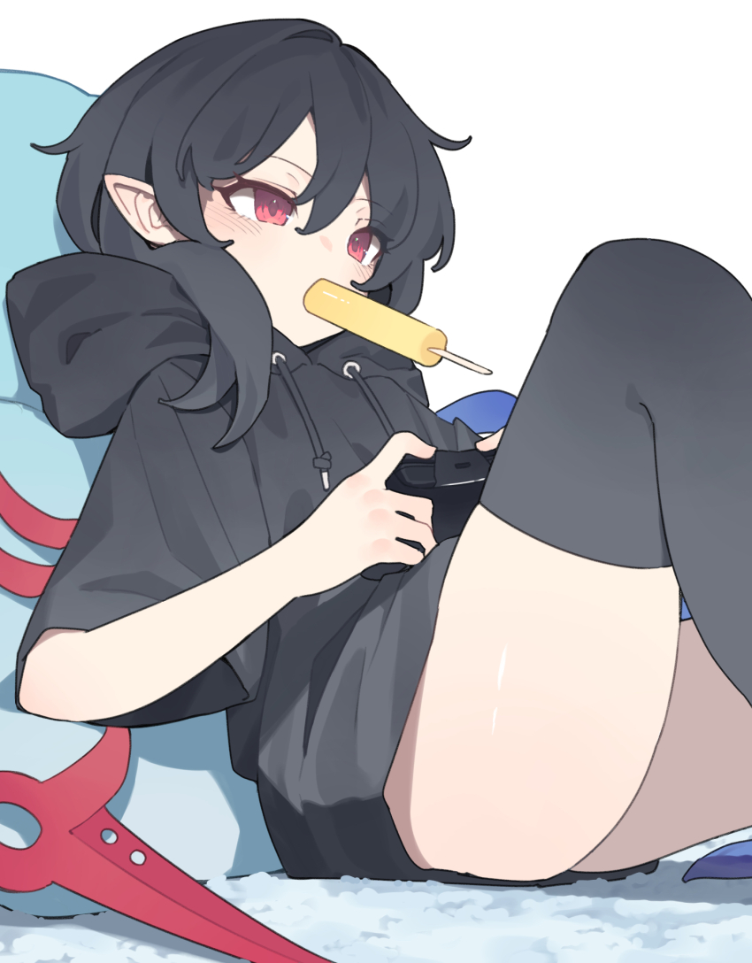 1girl black_hoodie black_thighhighs commentary controller eating feet_out_of_frame food game_controller garasuno highres holding holding_controller holding_game_controller hood hoodie houjuu_nue ice_cream medium_hair mouth_hold pointy_ears red_eyes short_sleeves simple_background single_sidelock sitting solo thighhighs touhou white_background