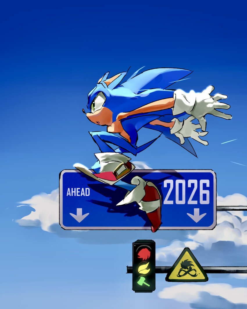1boy 2026 :o afargeo animal_ears animal_nose blue_fur blue_sky cloud emblem from_side full_body furry furry_male gloves hammer hedgehog_boy highres male_focus midair new_year outdoors parted_lips profile red_shoes road_sign shoes short_tail sign sky sonic_(series) sonic_the_hedgehog tail traffic_light white_gloves