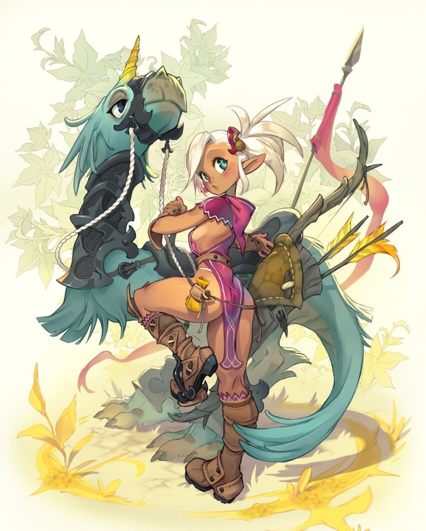 1girl 1other animal arrow_(projectile) ass bag beige_skin blue_eyes boots breasts claws creature dinosaur flag full_body highres hood horns leaf medium_breasts one_leg_raised original plant pointy_ears side_ponytail single_horn tribal white_hair xaxaxa