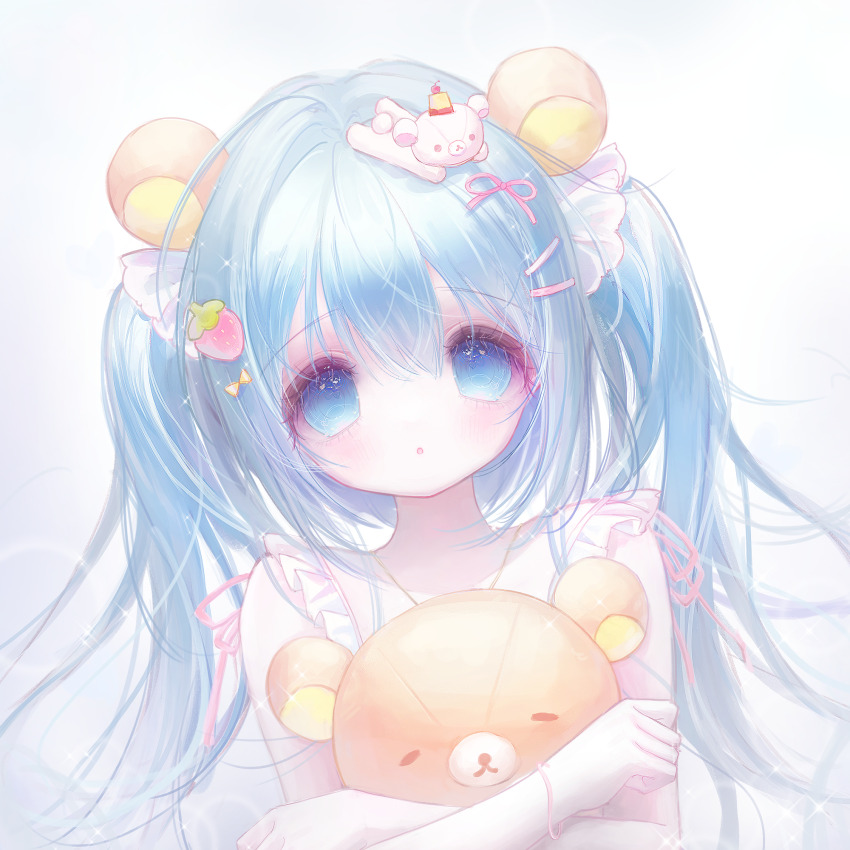 1girl :o aqua_eyes aqua_hair blue_eyes blue_hair blush commentary dress food-themed_hair_ornament funeko hair_ornament hatsune_miku highres looking_at_viewer pastel_colors ribbon simple_background solo strawberry_hair_ornament stuffed_animal stuffed_toy teddy_bear twintails vocaloid white_background white_dress