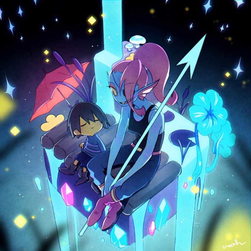 1girl 1other androgynous black_tank_top blue_skin brown_hair closed_eyes colored_sclera colored_skin colored_teeth commentary_request energy_spear eyepatch fins fish_girl frisk_(undertale) from_above full_body gem glowing grin head_fins highres holding holding_polearm holding_weapon long_sleeves monster_girl mushroom noah_(tettsui-sole) polearm ponytail red_hair sharp_teeth short_hair sitting smile sparkle spear striped_clothes striped_sweater sweater tank_top teeth umbrella undertale undyne utdr_(toby_fox) water weapon yellow_sclera yellow_skin yellow_teeth