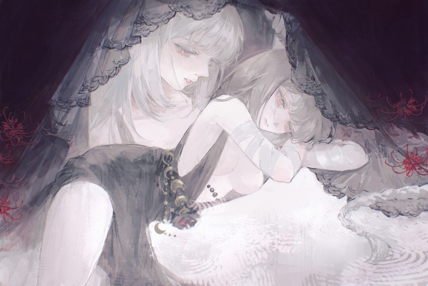 2girls bandaged_arm bandages black_background black_veil breasts clone commentary cowboy_shot dress flower fuyuyu-pon highres lace-trimmed_veil lace_trim long_dress lying medium_breasts multiple_girls no_bra official_alternate_costume on_side red_eyes red_flower reverse:1999 semmelweis_(reverse:1999) semmelweis_(the_wax_and_wane_of_the_heart)_(reverse:1999) side_slit sleeveless sleeveless_dress spider_lily symbol-only_commentary veil