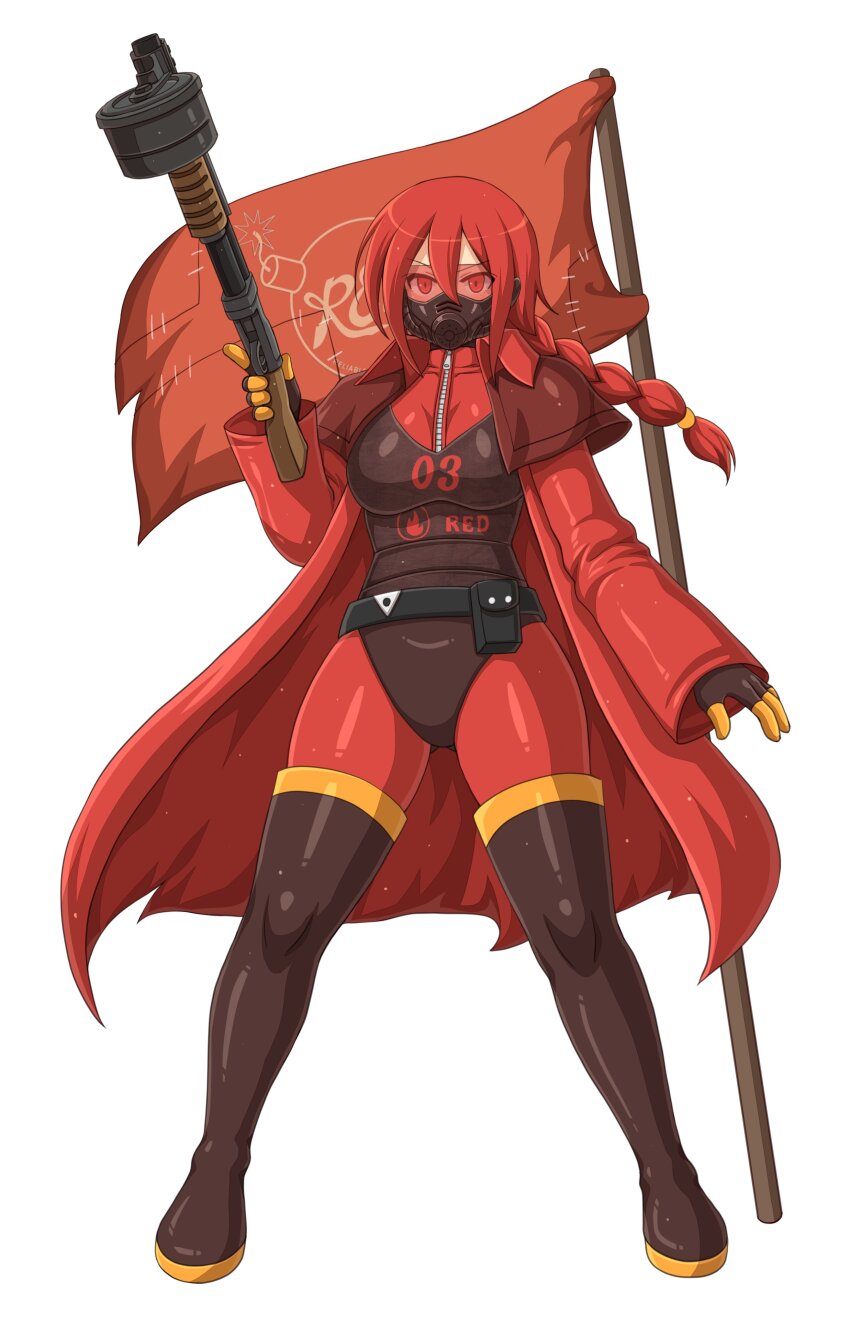 1girl absurdres bodysuit boots braid braided_ponytail commission emperpep fallout fallout:_new_vegas flag genderswap genderswap_(otf) gloves gun highres holding holding_gun holding_weapon latex latex_bodysuit latex_gloves latex_legwear long_hair long_sleeves looking_at_viewer mask ncr_veteran_ranger pyro_(tf2) red_bodysuit red_eyes red_hair red_pyro_(tf2) respirator second-party_source shotgun simple_background solo team_fortress_2 thigh_boots trigger_discipline weapon white_background zipper zipper_pull_tab