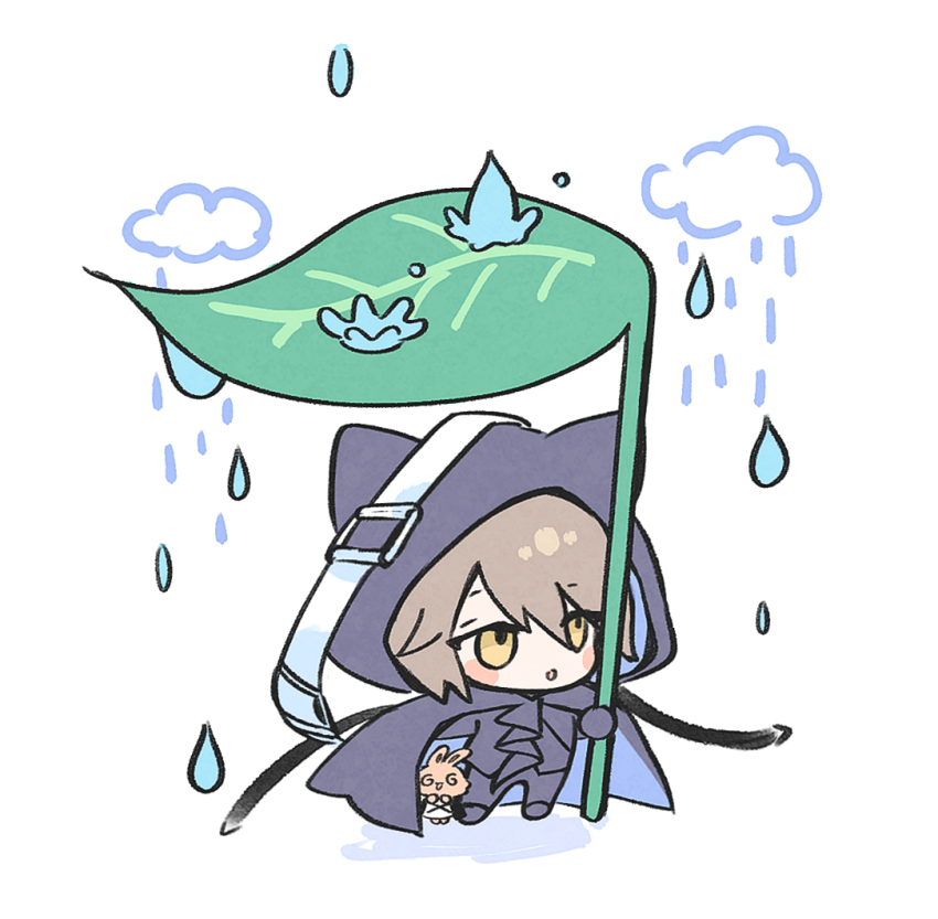 1boy @_@ animal_ears animal_hood arknights black_gloves black_jacket black_pants blush_stickers brown_eyes brown_hair chibi cloud fake_animal_ears gloves hair_over_one_eye holding hood hood_up jacket leaf_umbrella myluche pants parted_lips phantom_(arknights) rain shadow simple_background standing tragodia_(arknights) water_drop white_background
