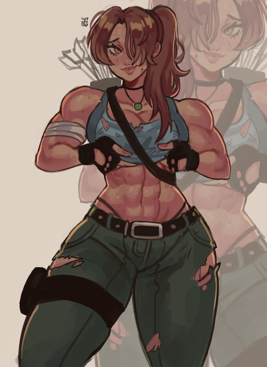 1girl abs absurdres arrow_(projectile) bandaged_arm bandages belt belt_buckle black_belt black_choker black_gloves blue_tank_top breasts brown_eyes brown_hair buckle choker cleavage closed_mouth clothes_lift commentary cowboy_shot english_commentary fingerless_gloves gloves green_pants grey_background hair_over_one_eye highres holster jewelry lara_croft large_breasts lifting_own_clothes lips long_hair looking_at_viewer muscular muscular_female necklace one_eye_covered pants panty_straps parted_bangs ponytail shirt_lift smile sweat tank_top thigh_holster tomb_raider torn_clothes torn_pants torn_tank_top widisu zoom_layer